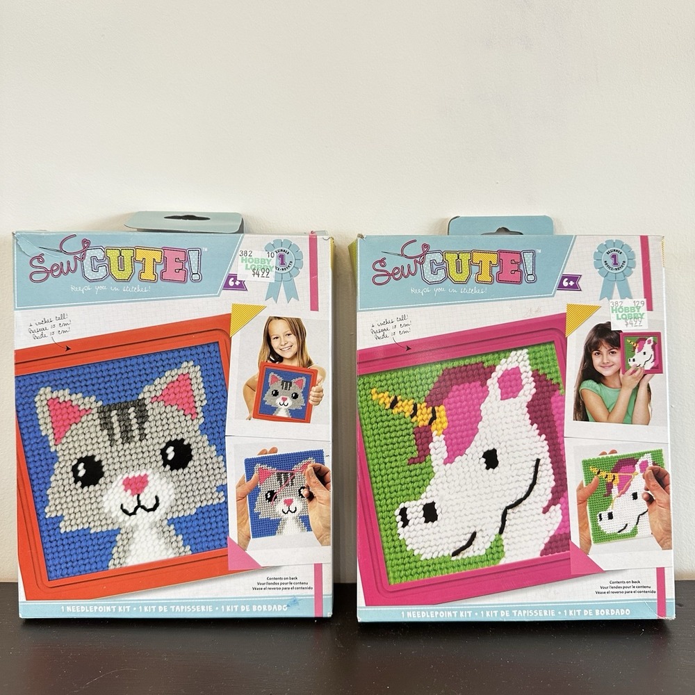 NEW Set Of 2 Sew Cute Kids Needlepoint Kits Unicorn Cat‎ Craft Kits Yarn